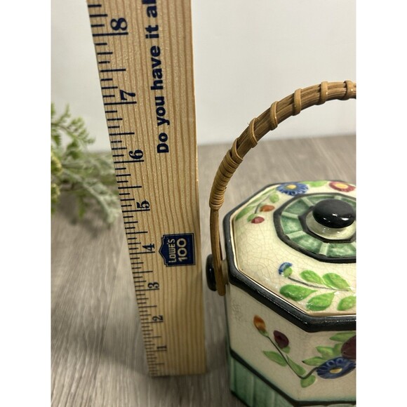 Vintage Porcelain Jar W/ Lid & Wicker Rattan Handle Floral Tea Caddy - Picture 12 of 13
